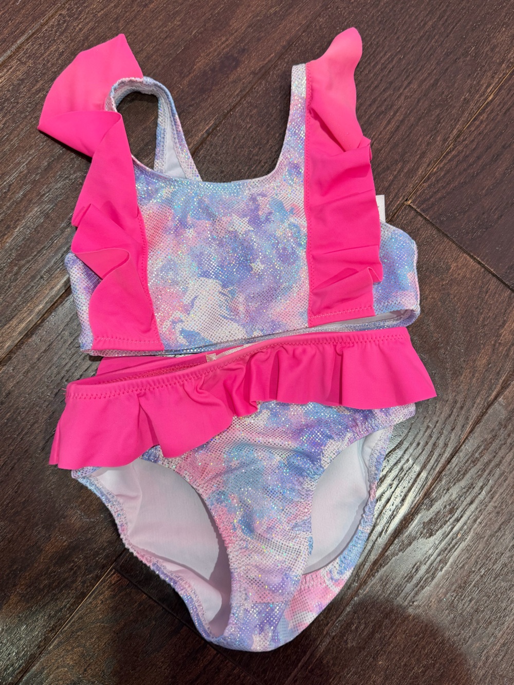 Girls' Pink Ruffle One-Piece Swimsuit with Pastel Galaxy Print